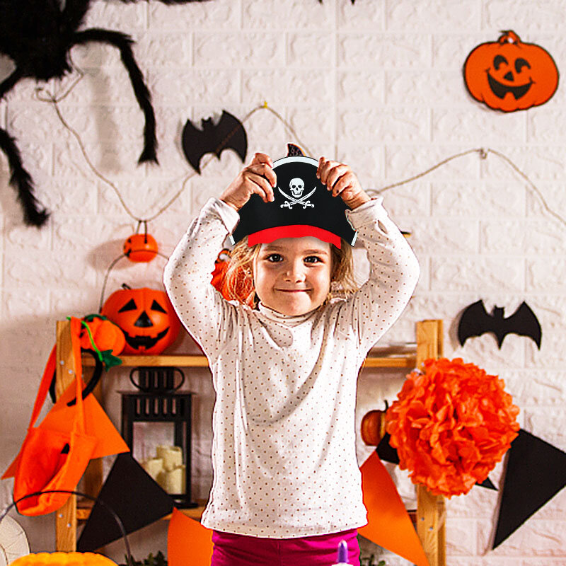 1/3/6Pcs Halloween Felt Pirate Hat Skull Print Cap Cosplay Costume Props Accessories Kids Festival Halloween Party Decoration