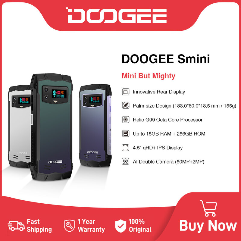 Doogee-smini頑丈な電話、革新的なリアディスプレイ、急速充電、qhd、18w、3000mah、4.5 "、8GB 256GB、ワールドプレミア