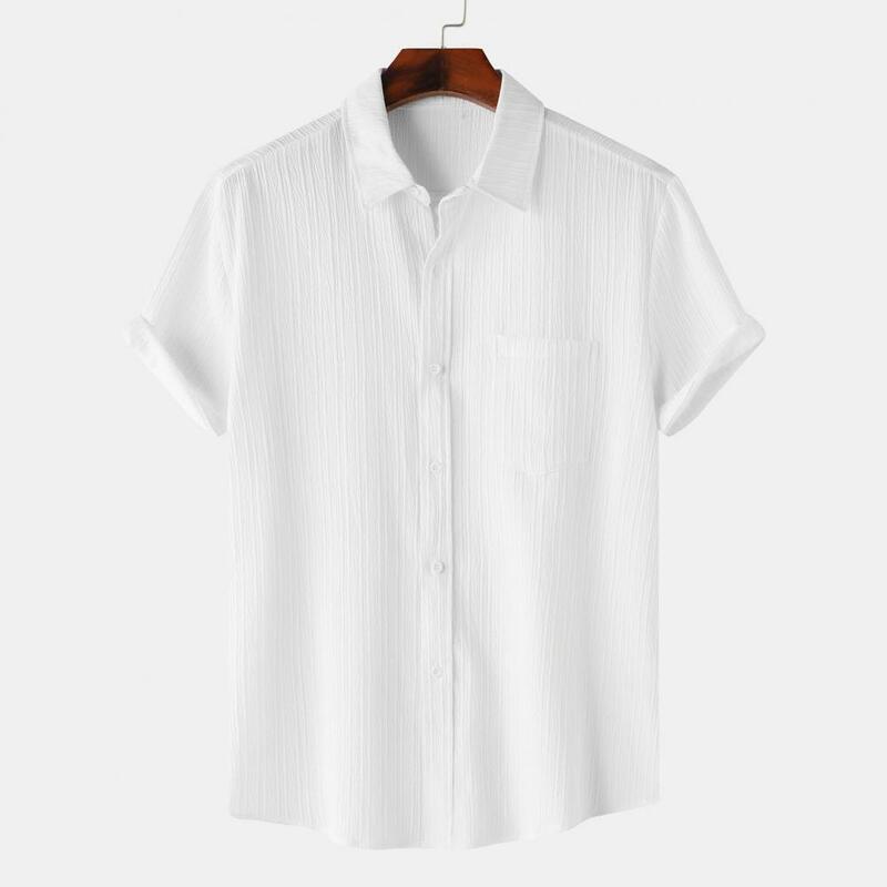 Heren Zomer Shirt Turn-Down Kraag Single-Breasted Pure Kleur Korte Mouwen Borstzak Knopen Losse Casual Shirt Top Hemdjes