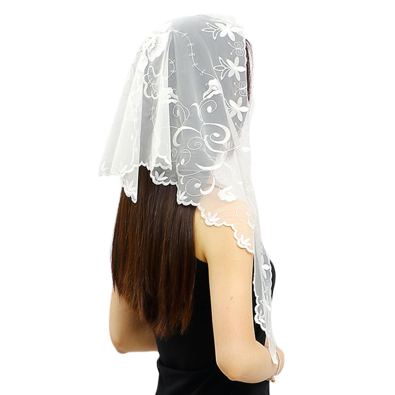 White Black Flower Women Scarf Spanish Mantilla Lace Catholic Veil for Chapel Church Shawl Head Covering Scarf Bandana Headband