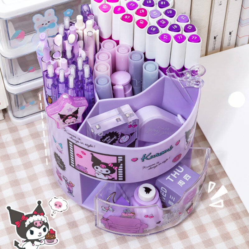 Miniso Sanrio Rotating Pen Holder Storage Box Desk Organizer & Kawaii Sanrio Cinnamoroll Stickers Cute Stationery Storage Girls