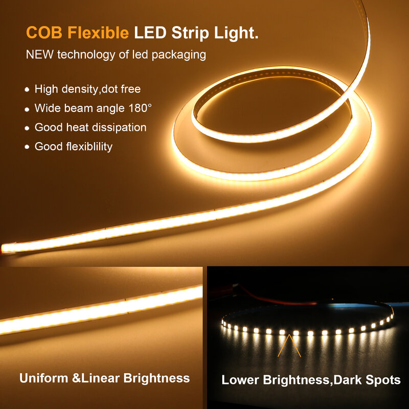 12V COB LED Strip Light 3mm 5mm 8mm Width Flexible COB Lights 320LEDs High Density Linear Light White/Warm/Natural/Pink/Yellow