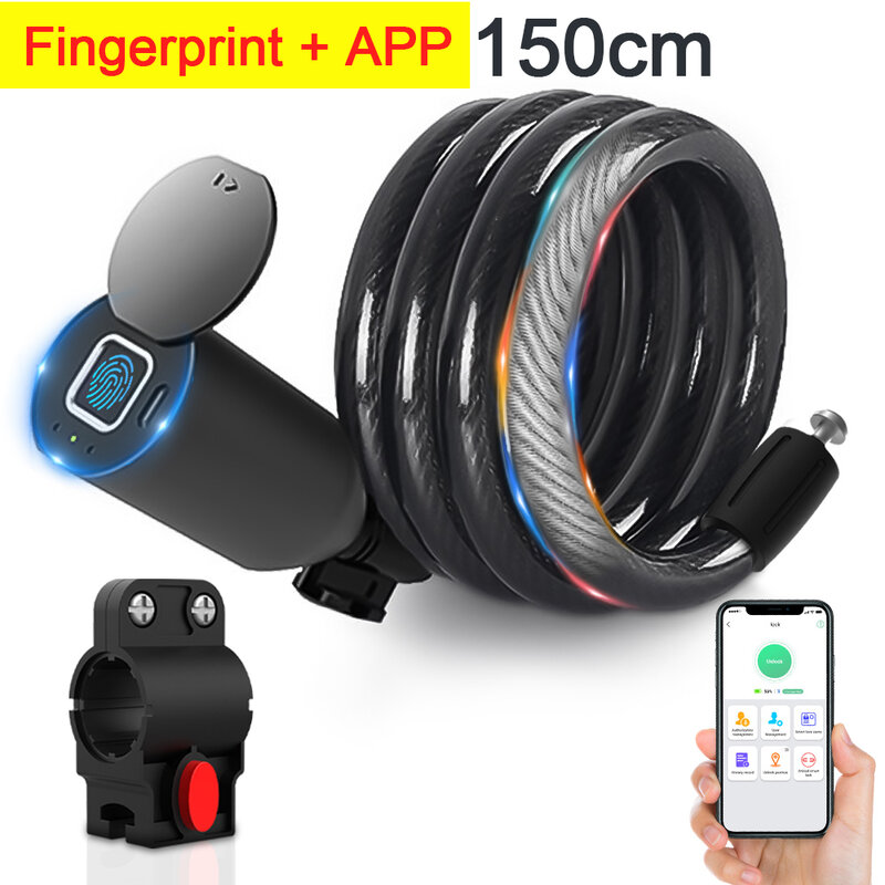 Fingerprint Cadeia Cable Lock, impermeável, anti-roubo, bicicleta ao ar livre, Remote Authorize, App Telefone, 150cm