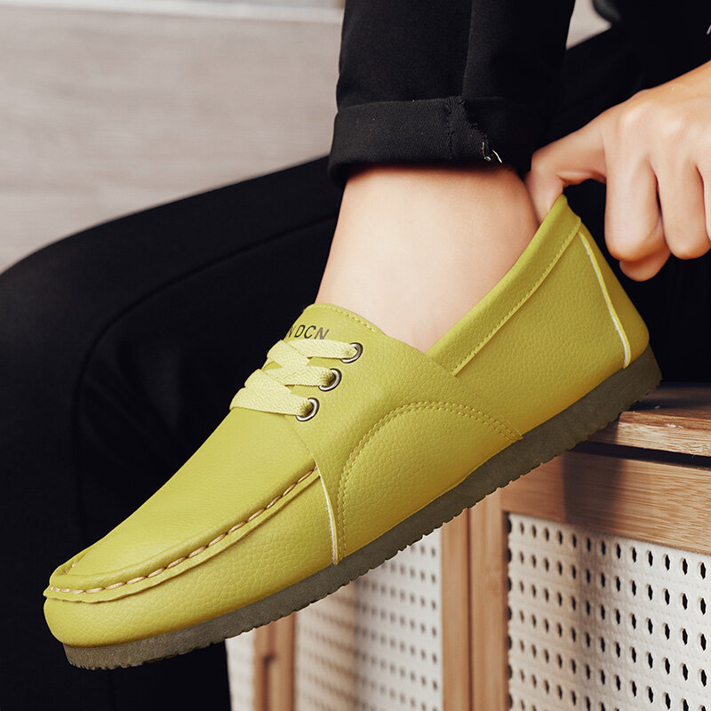 Summer Yellow Casual Shoes For Men Fashion Lightweight Breathable Men's Leather Loafers Flat Non-slip Driving Shoes Man Moccasin