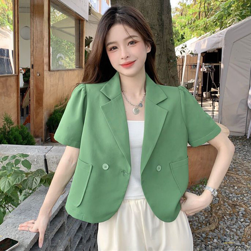 Blazers courts coréens d'été pour femmes, veste fine à manches courtes imbibée, document solide, simple boutonnage, vêtements d'extérieur de bureau pour dames