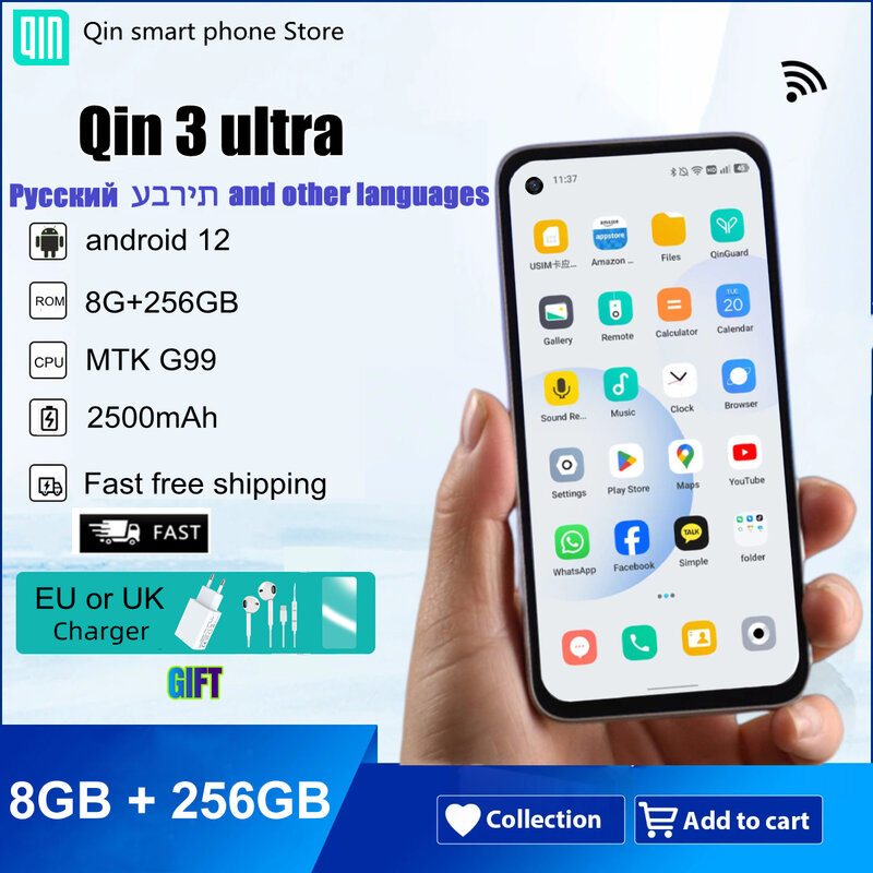 Qin 3-Mini teléfono inteligente versión Google Play Store Global, Android 12, MTK G99, 5,02 pulgadas, 8GB, 256GB,
