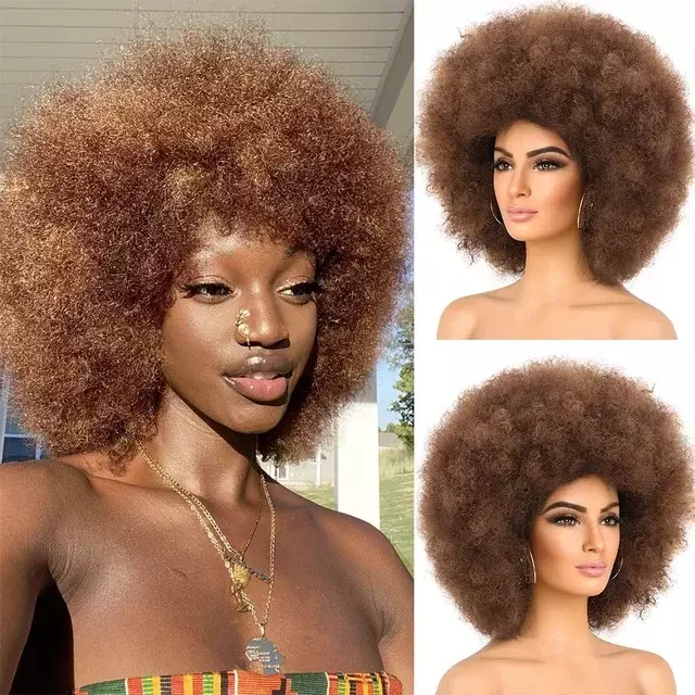 Afro Kinky Curly Wig With Bangs Short Fluffy Hair Wigs For Black Women Synthetic Ombre Glueless Cosplay Natural Brown Black Pink