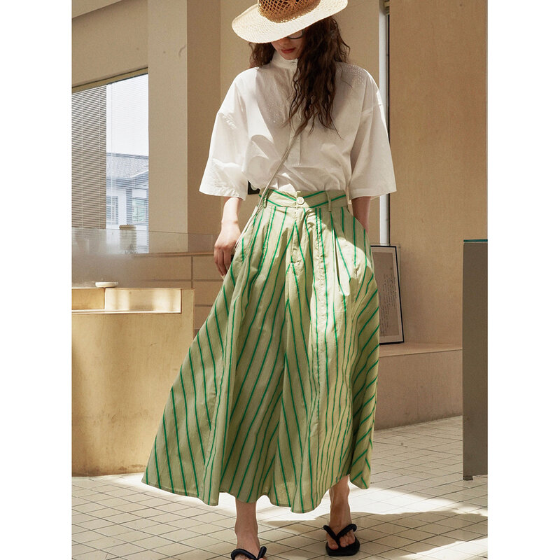 Green Beige Striped Long Skirt Women High Waist Summer Vacation Style Slim A-line Long Umbrella Skirt