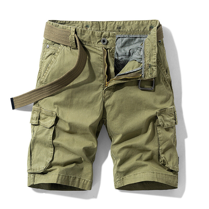 Summer Men Cargo Cotton Shorts Mens Casual Solid Spring Elastic Waist Multi Pocket Beach Jogger Shorts Pants Male Dropshipping