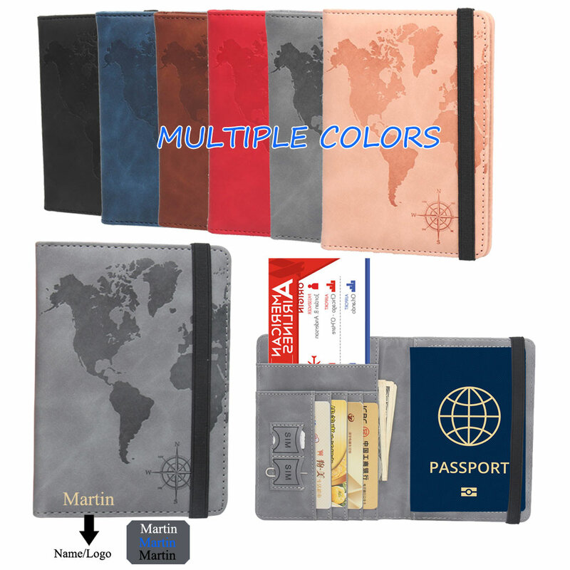 Funda con grabado personalizado para pasaporte, billetera con bloqueo RFID, accesorios de viaje de cuero PU, estilo de banda elástica