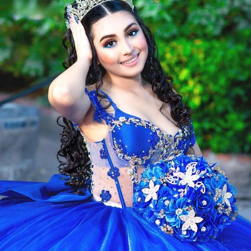 Azul Royal Cristal Beading Bow vestido de baile, Vestidos Quinceanera, Spaghetti Strap, Apliques Renda Espartilho, 15 anos