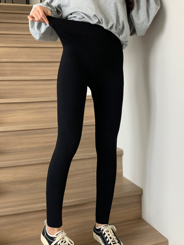 Leggings ajustados de algodón para mujer, pantalones adelgazantes de cintura alta, color negro y gris, novedad