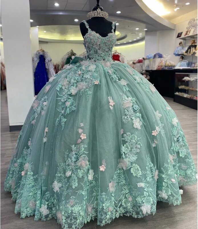 Mint Green Princess Quinceanera Dresses Ball Gown Spaghetti Straps Appliques Sweet 16 Dresses 15 Años Mexican