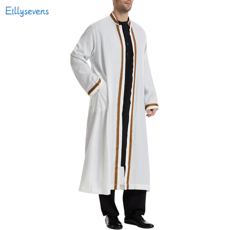 Middle East Clothing Men Traditional Muslim Islamic Jubba Thobe Stand Collar Cardigan Dress Robe With Pockets Daily Basic Style