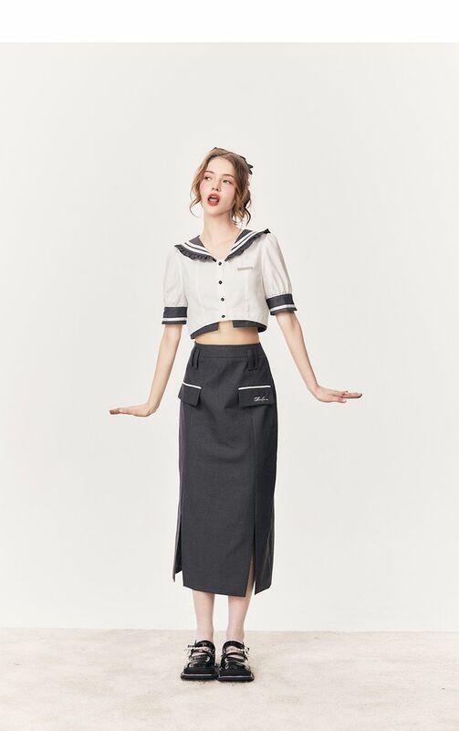 Conjunto de manga curta feminina com top cortado e saia longa, ternos femininos, streetwear chique, conjunto 2 peças
