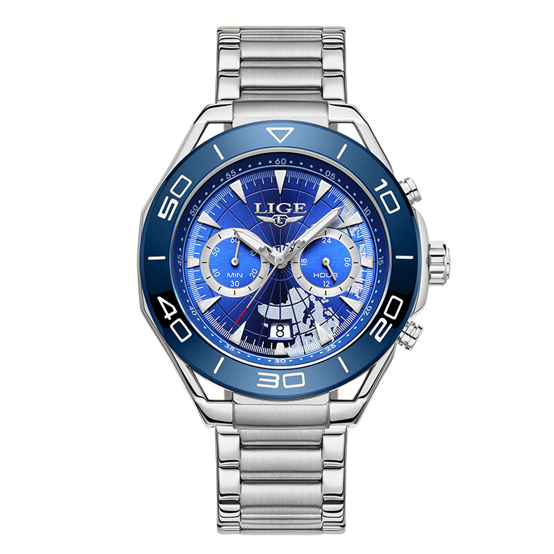 LIGE-homens de aço inoxidável cronógrafo luminoso relógio de pulso, Blue Sea Dial, luxo negócio quartzo relógio, relógio, marca superior