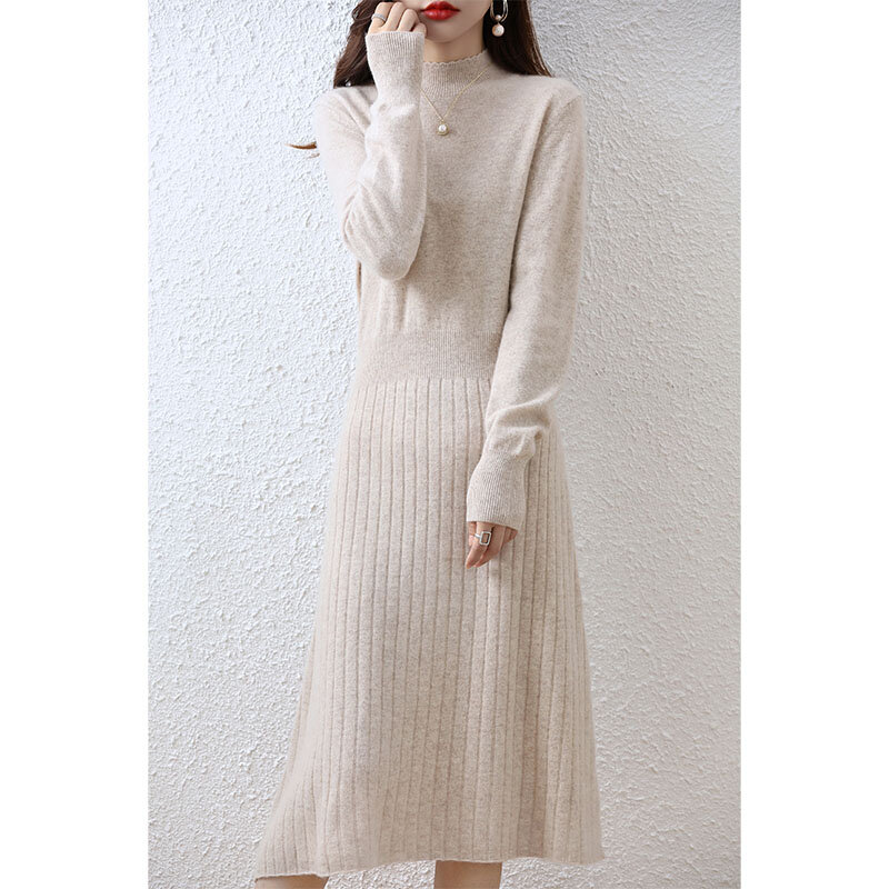 Knitted Dresses for Women, Long Style Jumpers, 100% Wool, Oneck, Winter, Autumn, New Arrival, 2022