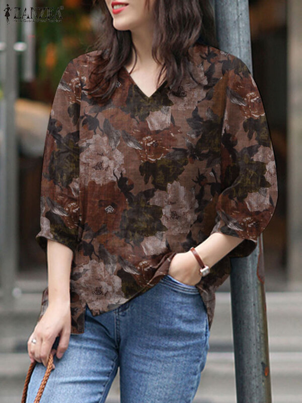 ZANZEA Spring Fashion Floral Printed Blouse Female Casual Street Shirt 3/4 Sleeve V-Neck Tunic Tops Vintage Loose Blusas Mujer