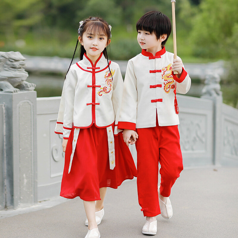 Boy และสาวฤดูใบไม้ผลิฤดูใบไม้ร่วงใหม่ Oriental Dragon Hanfu ชุดสไตล์จีนเย็บปักถักร้อย2ชิ้นประสิทธิภาพบทบาทเล่นเครื่องแต่งกาย