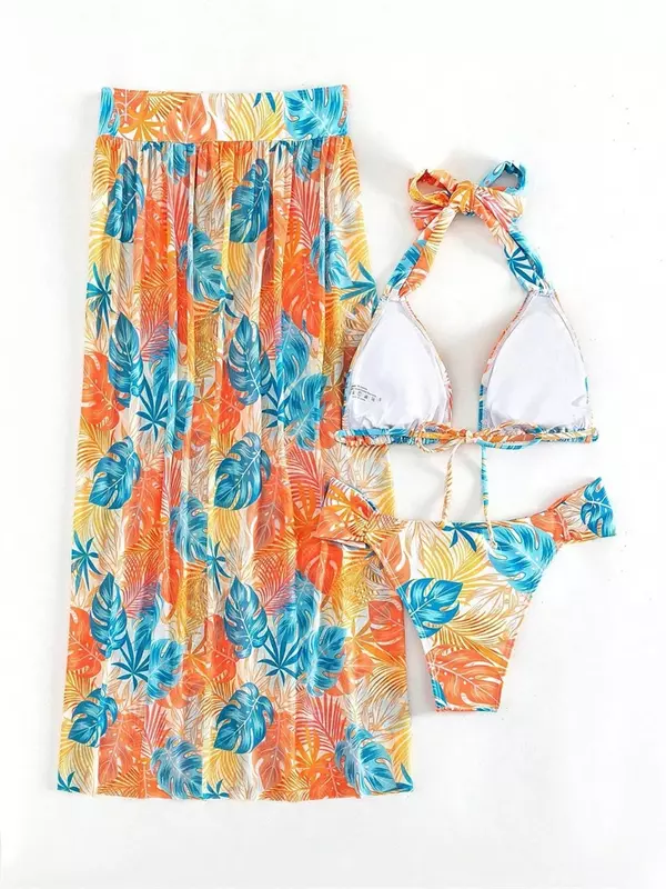 2024 New Bikini Women Swimsuit Print Halter Backless Bikini Set Sexy Thong Swimwear Summer 3-częściowy strój kąpielowy plażowy dla kobiet