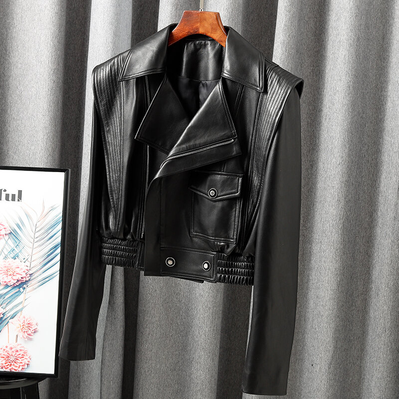 Jacket For Women 2023 New European Genuine Leather Coat Female Zipper Large Lapel Short Oversize Locotive Whtie Jaqueta Feminina