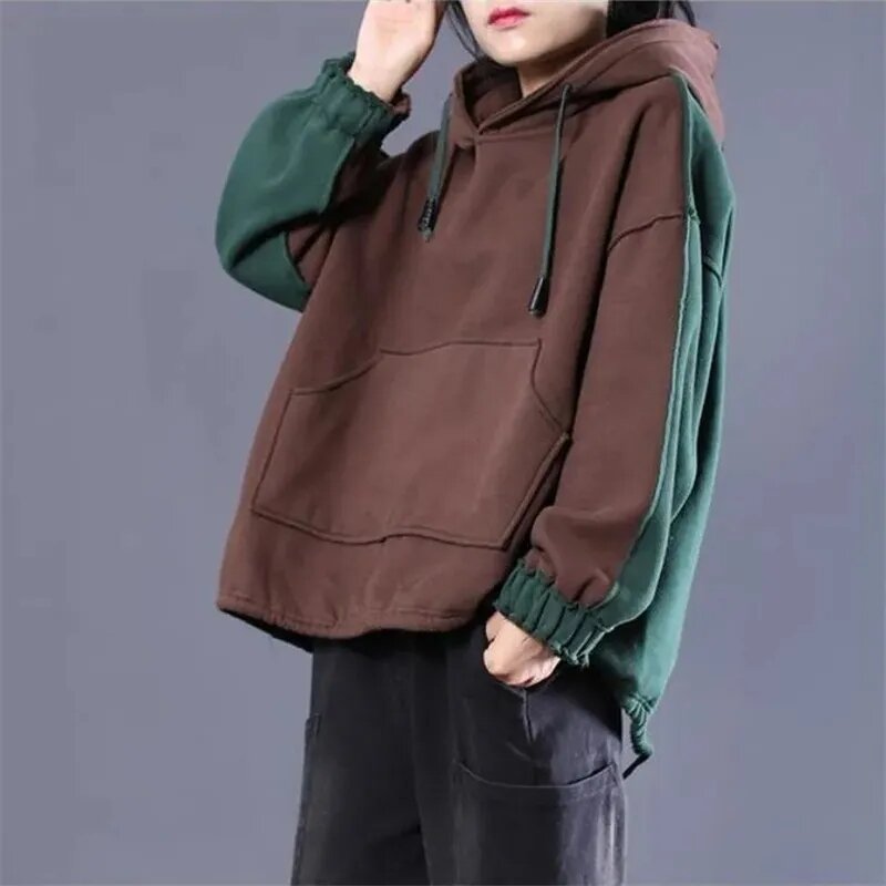 Patchwork Sweatershirt Outerwear Women's New Spring And Autumn Fashion Coat Female Trendy Hooded Jacket Green Ladies Tops 4XL