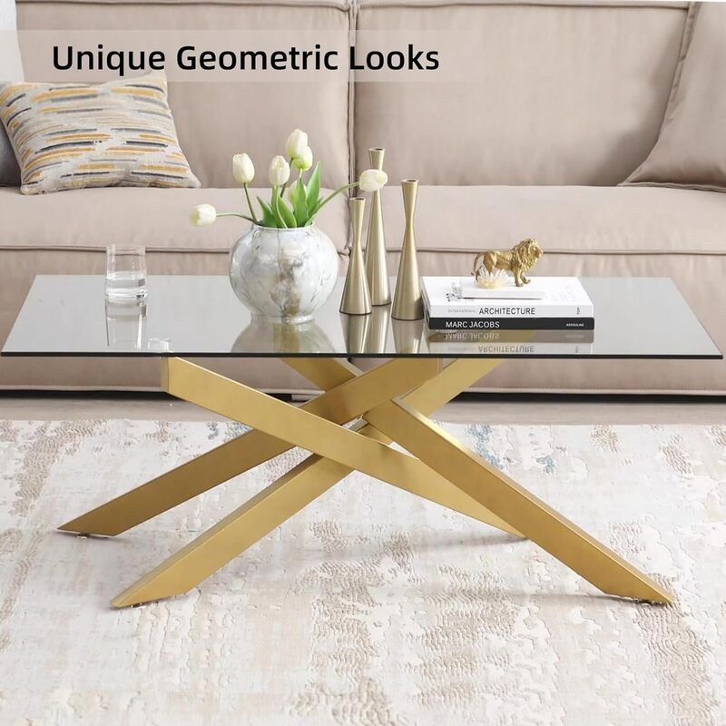 モダンな長方形のコーヒーテーブル、強化ガラストップ、ゴールドメタルチューブレッグ、47.3 "x 23.6" wx18.1 "h