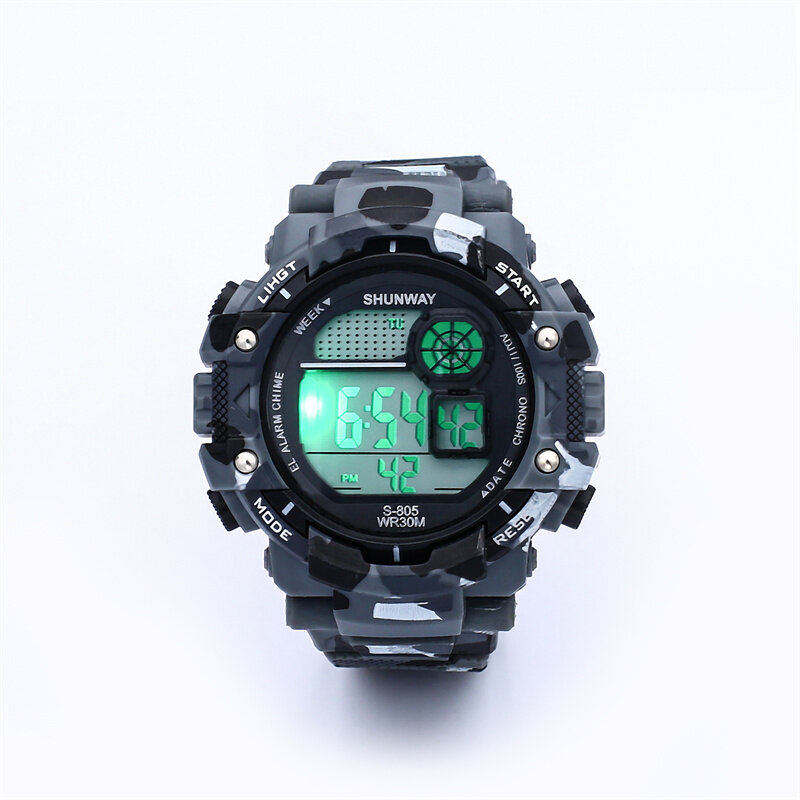 Детские спортивные электронные часы, цифровые часы для плавания с Зеленой Камуфляжной подсветкой, 50 м, подарок для мальчика, 805