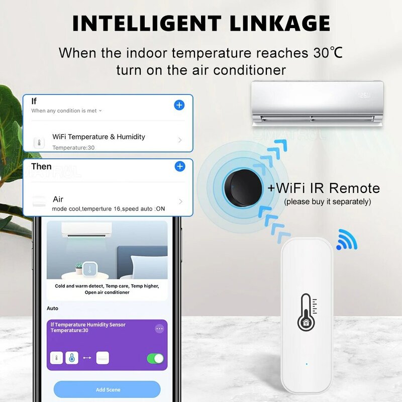 Sensor de temperatura y humedad para interiores, dispositivo con WiFi, Tuya, funciona con batería, monitoreo por aplicación, voz para Alexa y Google Home
