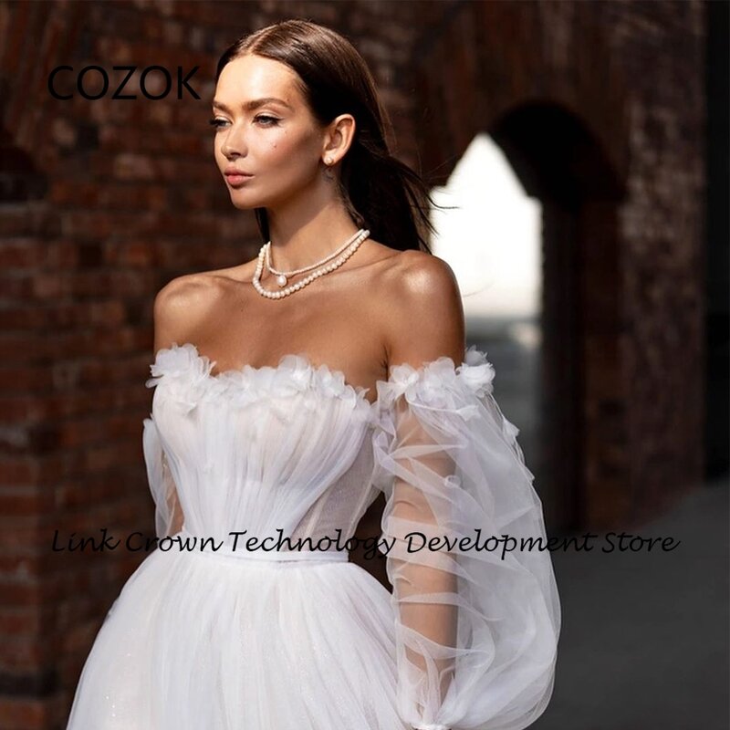 COZOK-Vestidos de casamento sem alças para mulheres, fenda lateral, tule macio, manga cheia, vestidos de noiva com aplique, 2024