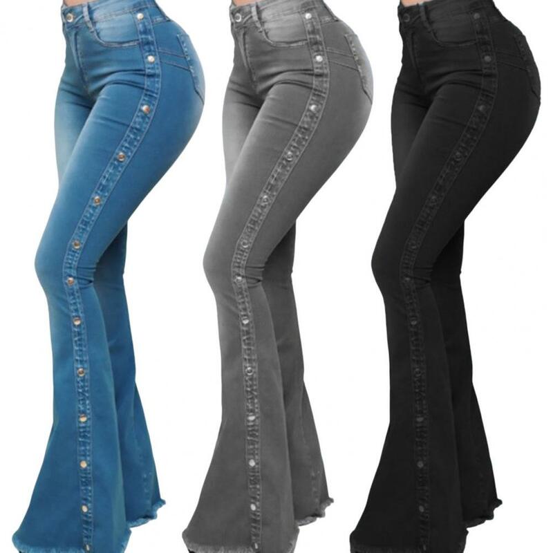1Pc High Waist Trousers Multi Pockets Button Fly Hip Lifting Flare Jeans Washed Rivet Decor Wide Leg Denim Pants for Daily Wear