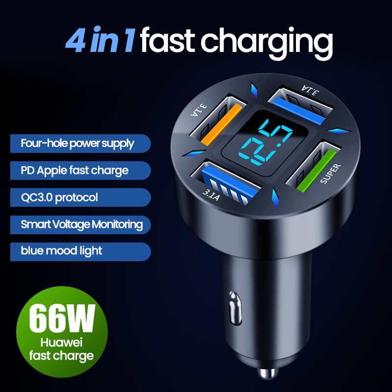 66W 4 Poorten Usb Car Charger Snel Opladen Pd Quick Charge 3.0 Usb C Auto Telefoon Oplader Adapter Voor iphone 13 12 Xiaomi Samsung