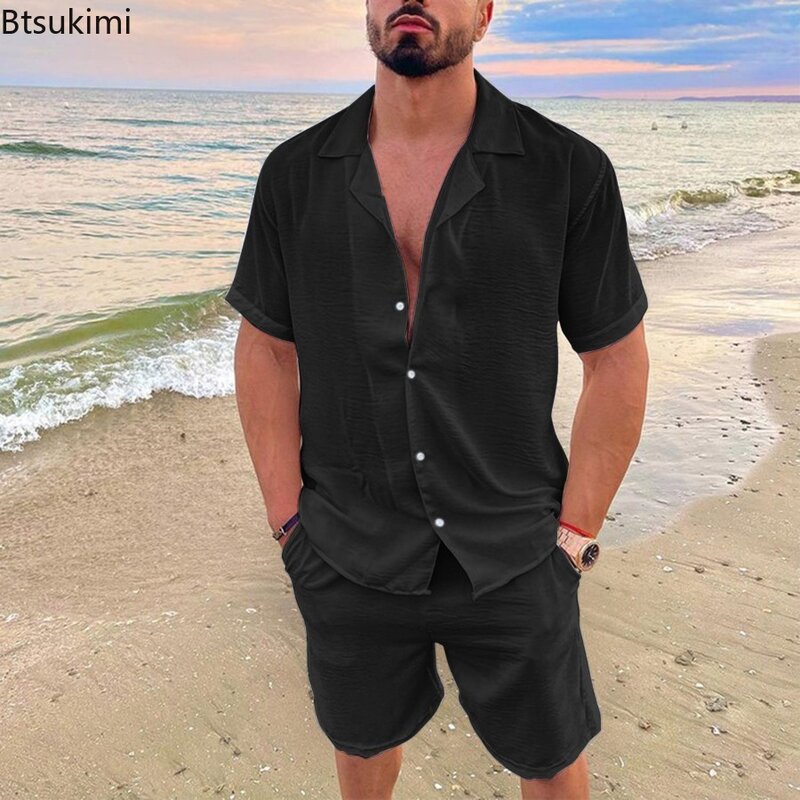 New 2024 Men's Summer Cotton Linen Sets Solid Short Sleeve Lapel Shirts and Shorts Sets Man Hawaiian Beach Holiday Clothing Sets