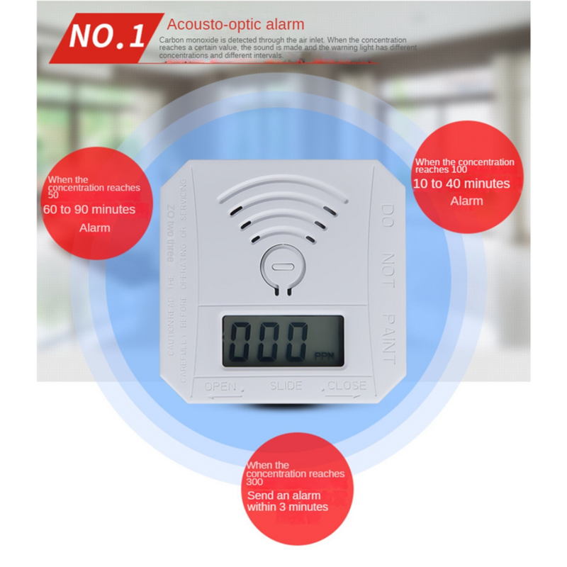 Monóxido de carbono Gás Monitor Alarme, Detector de CO, Display Digital LCD, Aviso sonoro, Pacote 2