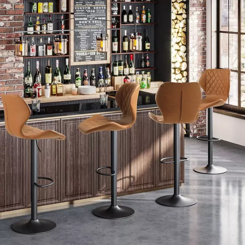 Stołki barowe Zestaw 4 brązowych skórzanych stołków barowych, stołki barowe o regulowanej wysokości na wyspę kuchenną, obrotowe krzesła barowe na śniadanie