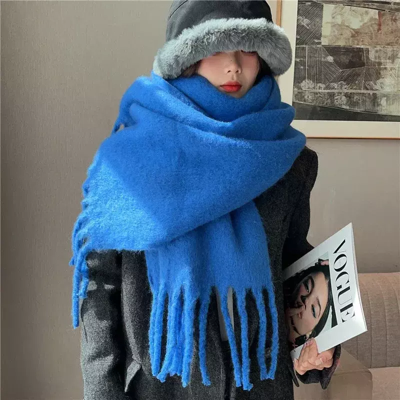 Women's Winter Mohair Scarf Solid Warm Thickened Cashmere Knitting Thick Tassel Shawl Scarf Women Men Couple Scarf Accessories