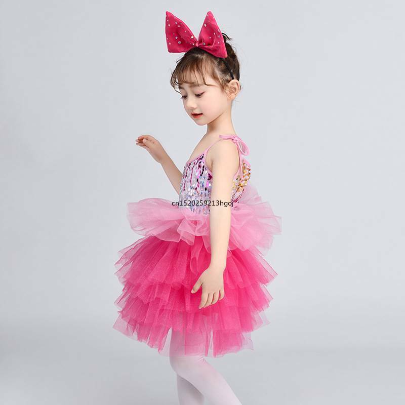 Vestido de pommel de lentejuelas de baile para niños, vestido de pastel de muñeca linda, disfraz de rendimiento de baile de jazz para niños