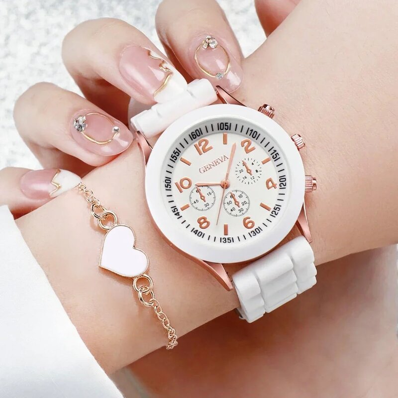 Jam tangan wanita bentuk hati, 4 buah jam tangan wanita, Set perhiasan, jam tangan gelang kasual, pita silikon, jam Quartz, perak, mewah