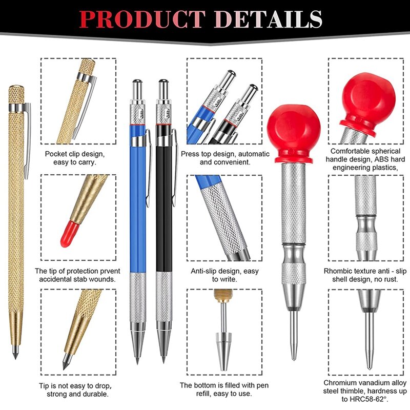 Carpenter Scriber Marcação Kit, Metal Carbide Scriber, Inclui 4 lápis mecânicos, Vidro e Cerâmica, 8 pcs