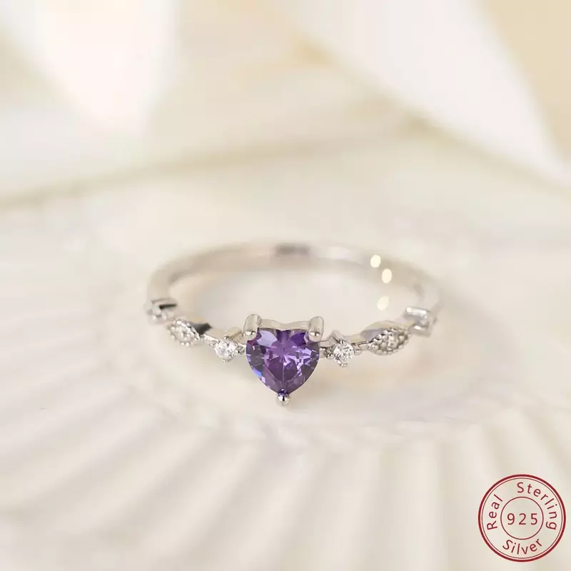 2024 asli baru 100% 925 perak murni cincin bentuk hati ungu cincin pertunangan pribadi desain sederhana cincin wanita