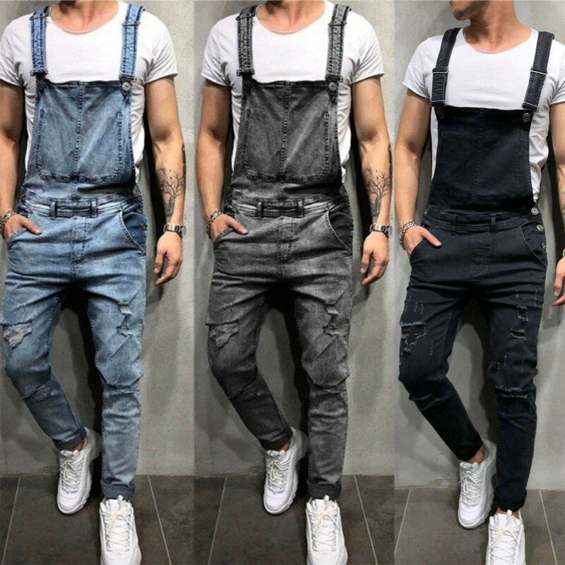Macacão jeans rasgado para homens, jardineira casual, jeans com cinta retrô, moda streetwear, moda motociclista elegante, tendência