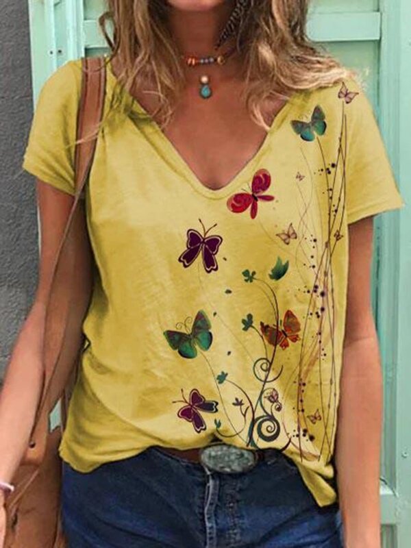 Camiseta de algodão estampada com borboleta feminina, manga curta, solta, gráfica, combina tudo, moda, verão, 2023