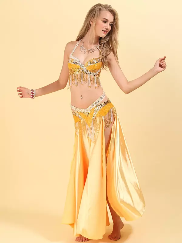 Women Adult Belly Dance Bra Beading Split Skirt Bow Swing Long Dress Mesh Ethnic Dancewear Stage Performance Three Piece Sets
