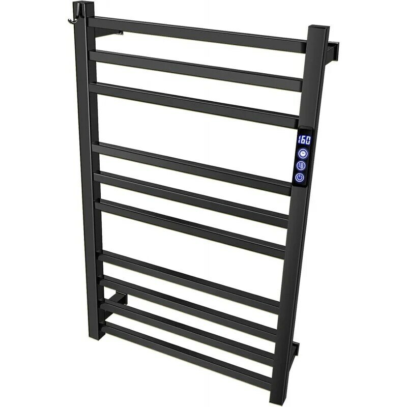 Black Towel Warmer Rack for Bathroom with Timer/Fahrenheit Display Electric Heated 10 Bars Drying Rail Plug-in or Hardwired Wall