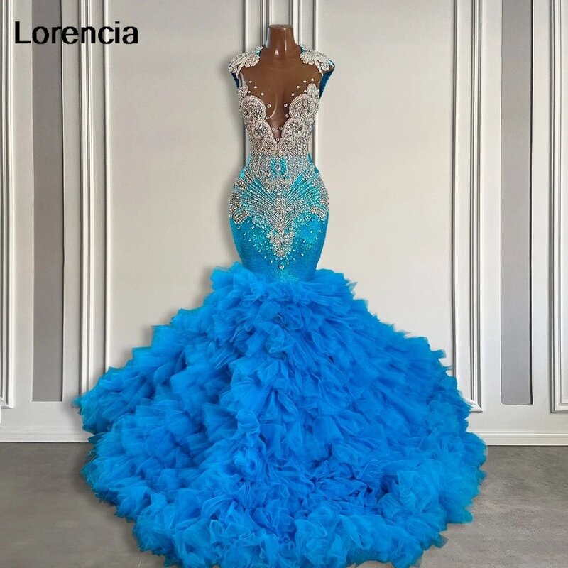 Lorencia Glitter Mermaid Prom Dress For Black Girls Rhinestone Crystal Tiered Ruffle Birthday Reception Party Gown Vestido YPD62