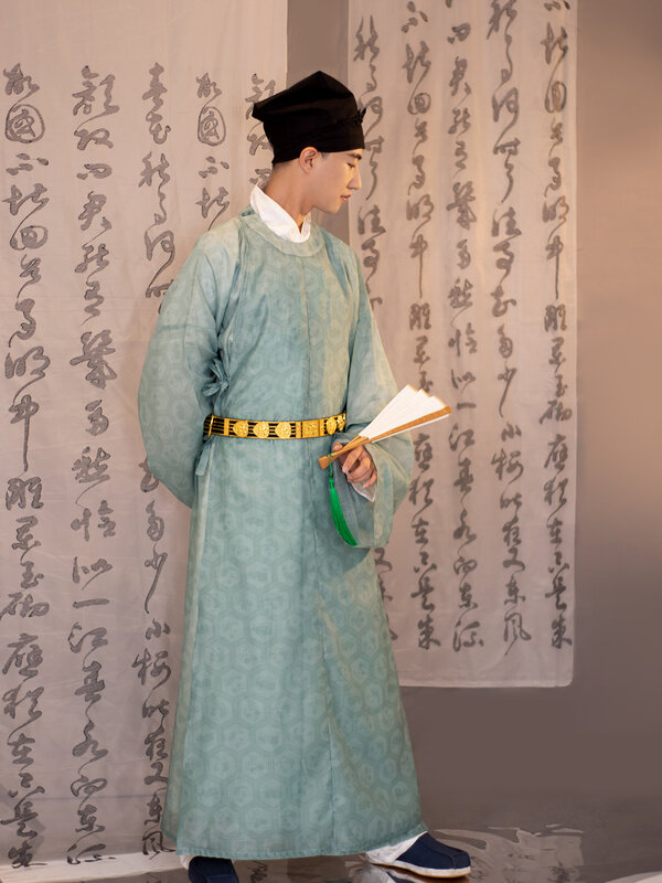 Em torno do pescoço Hanfu Robe, manga estreita, impresso Turtle Back Pattern, Dinastia Song, Hanfu tradicional chinês, Material do fio impresso