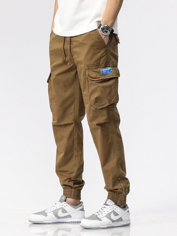 2023 nowe letnie multi-kieszenie męskie spodnie Cargo Casual Slim Fit biegaczy moda sznurkiem bawełniane spodnie robocze męskie Streetwear