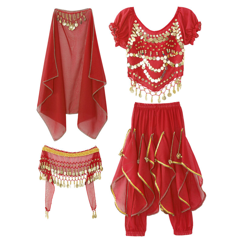 Trajes de dança do ventre lantejoulas para meninas, princesa performance dancewear chiffon, cosplay infantil, roupa de dança do ventre indiano, criança, carnaval