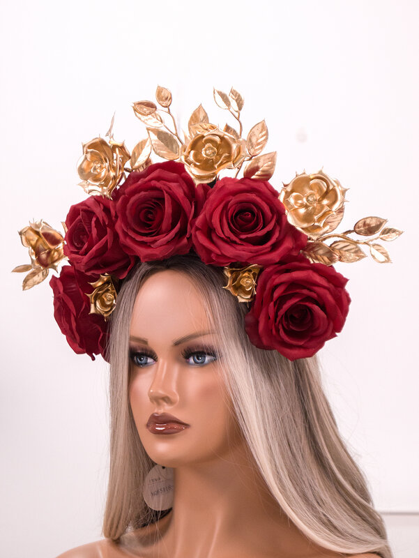 Corona de rosa roja oscura Artificial hecha a mano para Boda nupcial, corona de flores de Festival del Día de los muertos de Halloween, diadema Floral