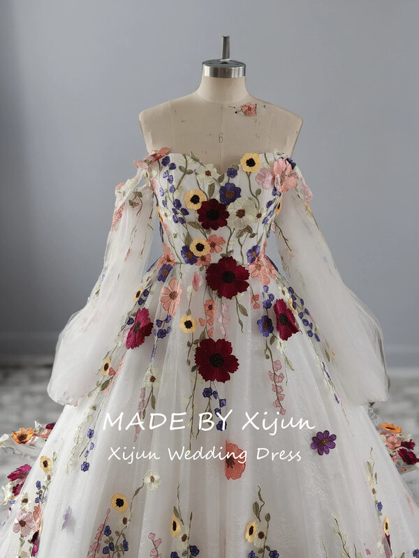 Xijun Pastrol Wedding Dresses Fairy Sweetheart Tulle Flowers Appliques Prom Dress Princess Long Bride Party Gowns Robe De Mariée